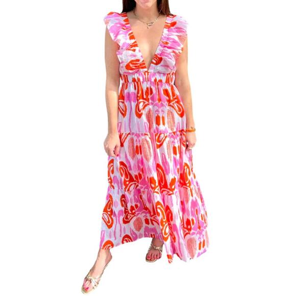 Madison Mathews Savannah Maxi Dress Pink Orange Grapefruit Ikat Tuckernuck - Picture 5 of 9